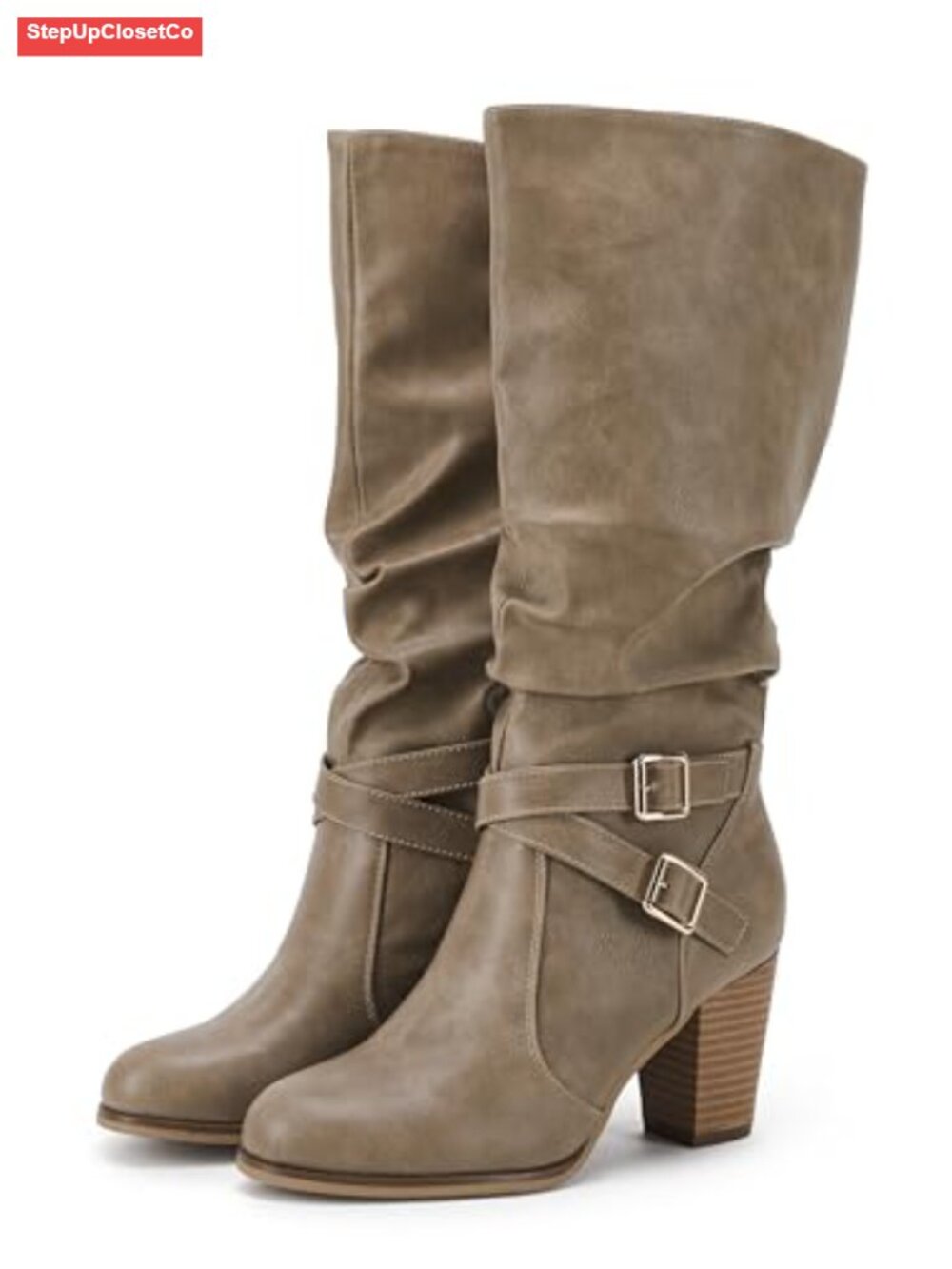 Womens Mid Calf Boots Chunky Heel Faux Leather Slouchy Metal Buckle Side Zipper